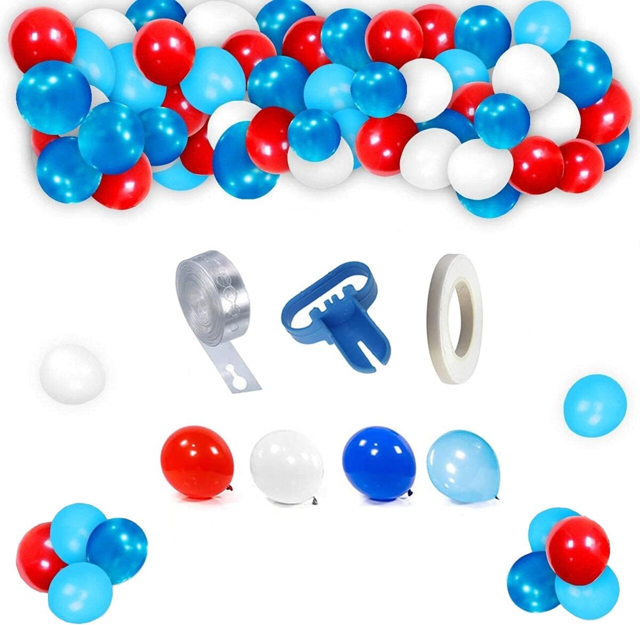 Balloon Garland Arch Kit-Blue, Red, White with Strip Tape, Blue Knotting Device, White Ribbon